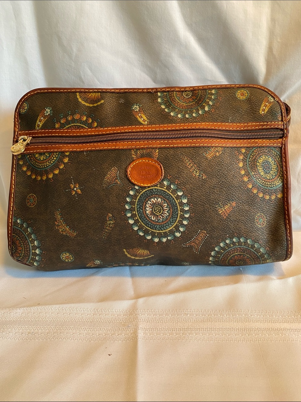 Antica Pelletteria Brown Printed Leather Travel Pouch Clutch